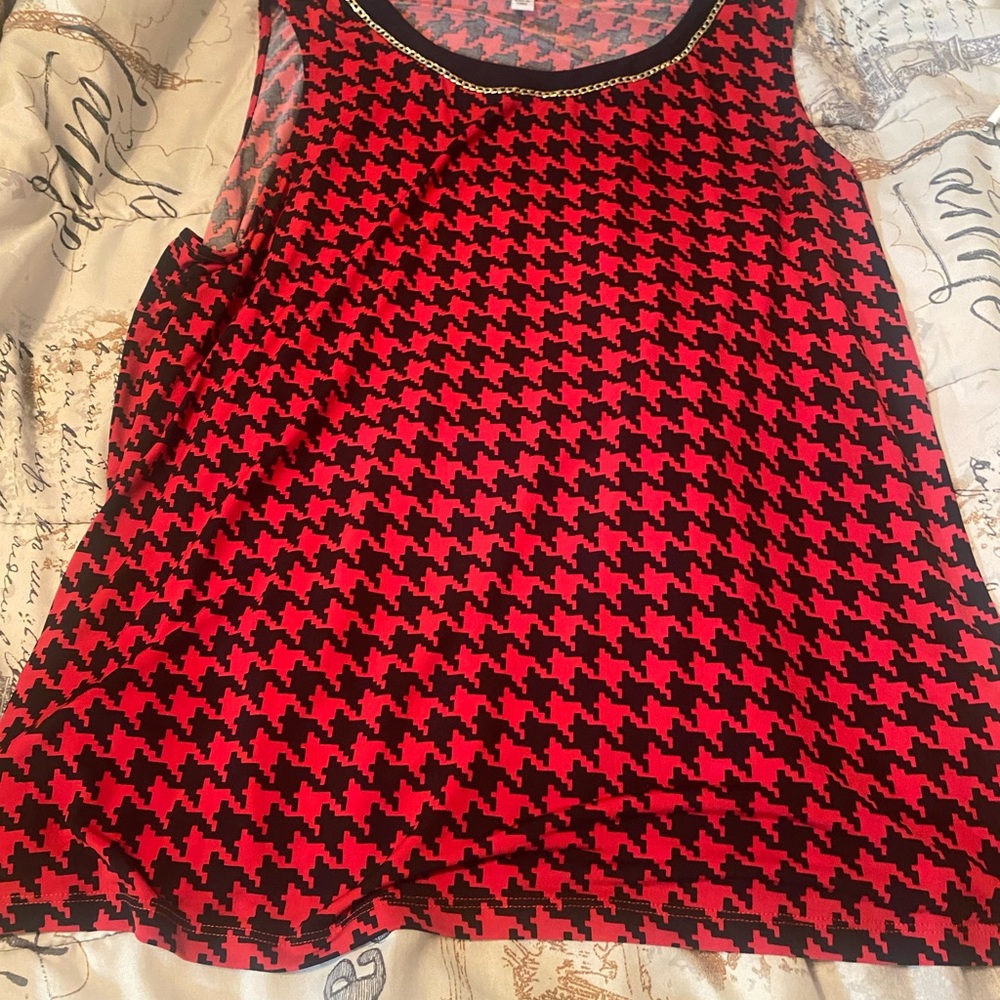 Red and Black Houndstooth Women's Top with gold chain on collar